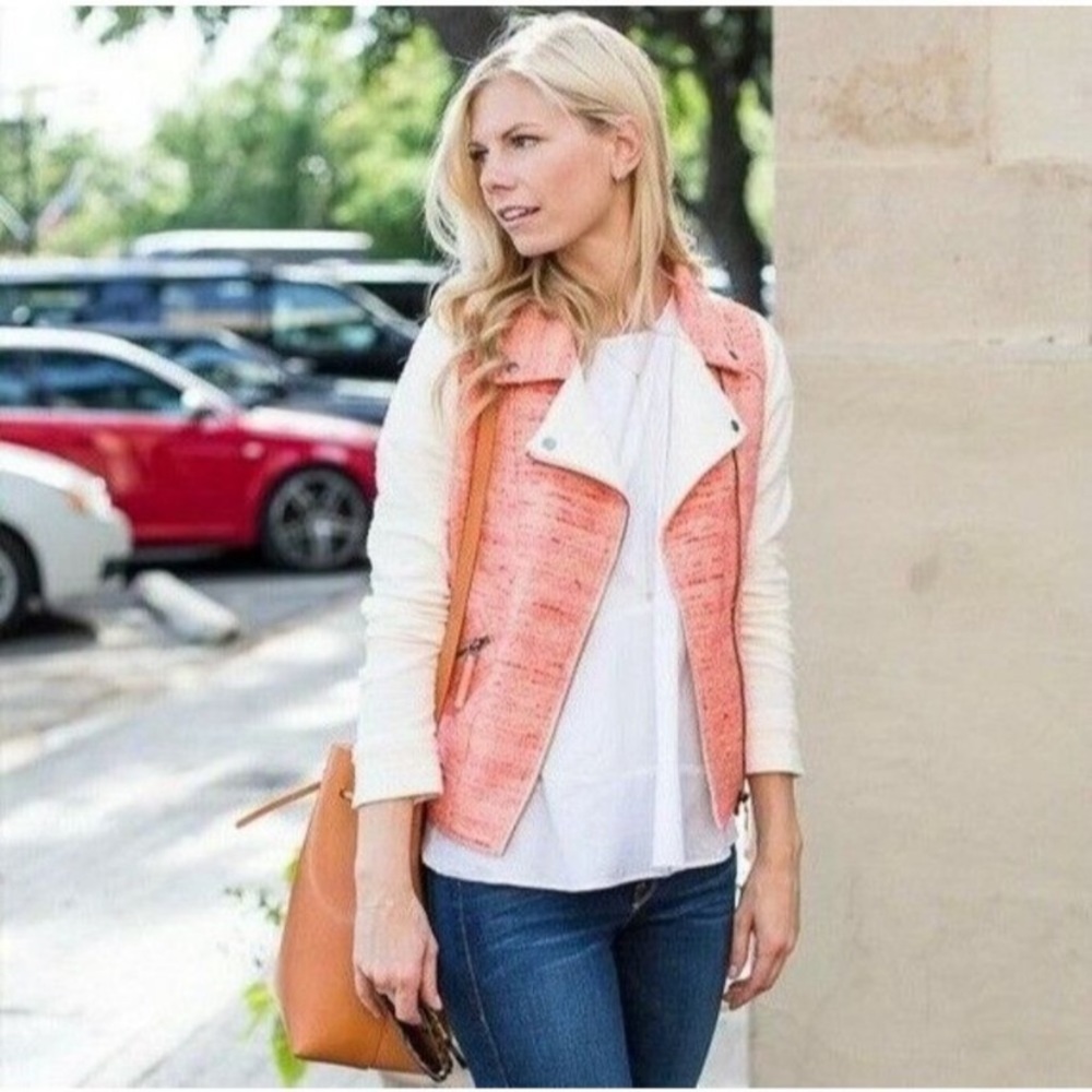 Anthropologie Elevenses Tweed Pink & Off White Zipper Front Moto Jacket | 6